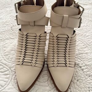 Gianni Bini Cream Woven Pointed Ankle Booties with Buckle Strap